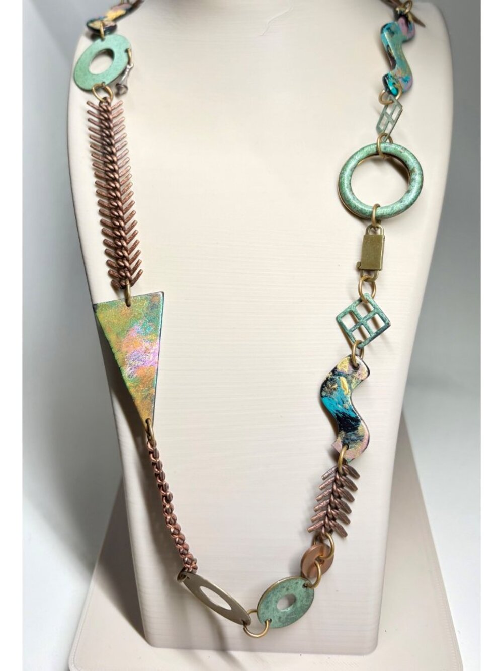 Statement Necklace Mixed Metal Copper Brass Multicolor Modernist Aprox 31 Inch - Picture 6 of 9